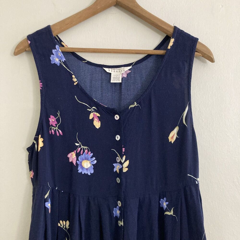 Vintage 90s Grunge Express Floral Sundress Button Up Maxi Dress Navy Women Large - Picture 2 of 8